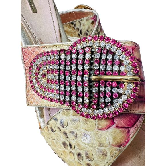 Massimo Dogana Snake Rhinestone Gold Heels Size 37 1/2 Upper Leather Soles - Picture 12 of 16